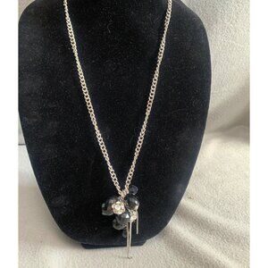 Silver Tone Chain Necklace with Black & Clear Beads Pendant 30"